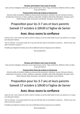 Proposition Pour Les 3-7 Ans Et Leurs Parents Samedi 17 Octobre À 10H30 À L’Église De Samer Avec Jésus Osons La Confiance