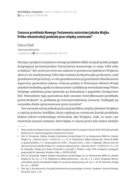 Cenzura Przekładu Nowego Testamentu Autorstwa Jakuba Wujka