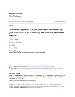 Distribution, Population Size, and Structure of Himalayan Grey Goral Naemorhedus Goral Bedfordi (Cetartiodactyla: Bovidae) in Pakistan