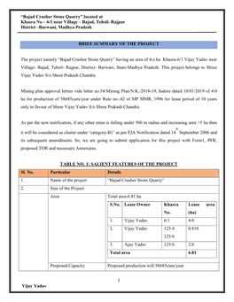 Bajad Crusher Stone Quarry” Located at Khasra No – 6/1 Near Village – Bajad, Tehsil- Rajpur District –Barwani, Madhya Pradesh