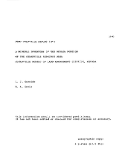 Nbmg Open-File Report 92-1 a Mineral Inventory of the Nevada Portion of the Cedarville Resource Area Susanville Bureau of Land M