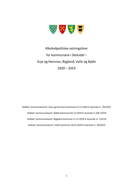 Alkoholpolitiske Retningsliner for Kommunane I Setesdal – Evje Og Hornnes, Bygland, Valle Og Bykle 2020 – 2023