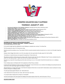 Winnipeg Goldeyes Daily Clippings Thursday, August