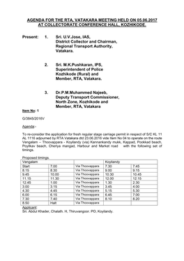 Agenda for the Rta, Vatakara Meeting Held on 05.06.2017 at Collectorate Conference Hall, Kozhikode