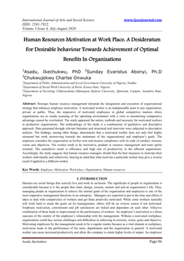 Human Resources Motivation at Work Place: a Desideratum for Desirable Behaviour Towards Achievement of Optimal Benefits in Organizations