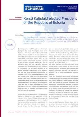 PRESIDENTIAL ELECTION in ESTONIA 29Th August, 24Th September and 3Rd October 2016