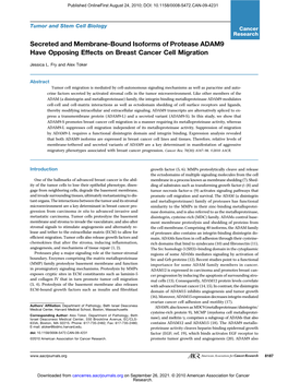 Secreted and Membrane-Bound Isoforms of Protease ADAM9 Have Opposing Effects on Breast Cancer Cell Migration