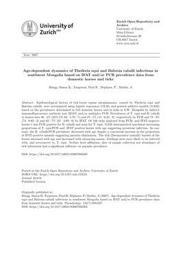 Age-Dependent Dynamics of Theileria Equi and Babesia Caballi Infections in Southwest Mongolia Based on IFAT And/Or PCR Prevalence Data from Domestic Horses and Ticks