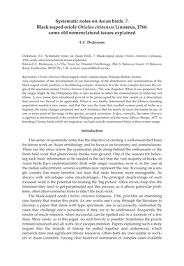 Systematic Notes on Asian Birds. 7. Black-Naped Oriole Oriolus Chinensis Linnaeus, 1766: Some Old Nomenclatural Issues Explained