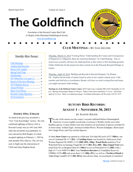 The Goldfinch Newsletter of the Howard County Bird Club a Chapter of the Maryland Ornithological Society