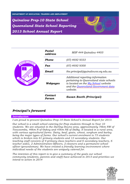 Quinalow Prep-10 State School Queensland State School Reporting 2013 School Annual Report