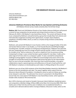 FOR IMMEDIATE RELEASE: January 6, 2020 Johannes Wallmann