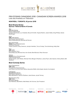 PRIX ÉCRANS CANADIENS 2018 | CANADIAN SCREEN AWARDS 2018 Liste Des Finalistes En Télévision