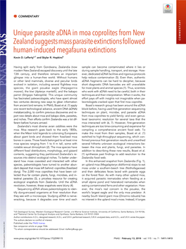 Unique Parasite Adna in Moa Coprolites from New Zealandsuggestsmassparasiteextinctionsfollowed COMMENTARY Human-Induced Megafauna Extinctions Kevin D