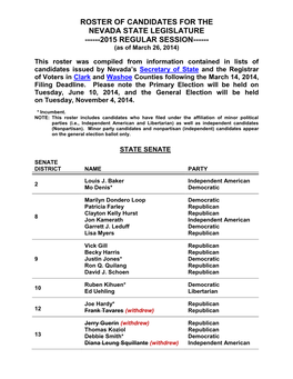 Primary Election Roster of Candidates for the 2015