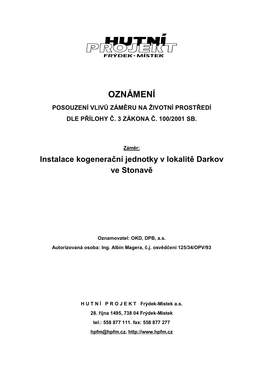 Oznámení Posouzení Vlivů Záměru Na Životní Prostředí Dle Přílohy Č