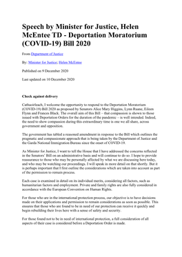 Speech by Minister for Justice, Helen Mcentee TD - Deportation Moratorium (COVID-19) Bill 2020
