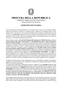 Procura Della Repubblica Presso Il Tribunale Di Catanzaro ‐Direzione Distrettuale Antimafia‐