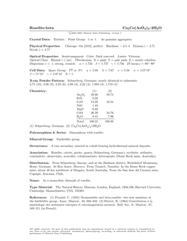 Roselite-Beta Ca2co(Aso4)2 • 2H2O C 2001-2005 Mineral Data Publishing, Version 1