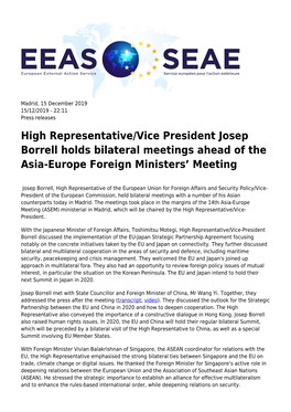 High Representative/Vice President Josep Borrell Holds Bilateral Meetings Ahead of the Asia-Europe Foreign Ministers’ Meeting