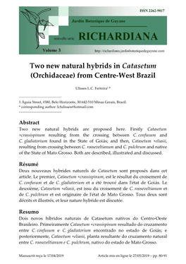 Two New Natural Hybrids in Catasetum (Orchidaceae) from Centre-West Brazil