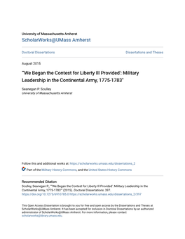 'We Began the Contest for Liberty Ill Provided': Military Leadership in the Continental Army, 1775-1783