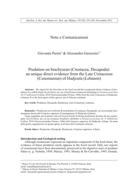 Crustacea, Decapoda): an Unique Direct Evidence from the Late Cretaceous (Cenomanian) of Hadjoula (Lebanon)