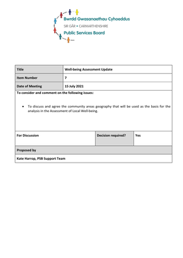 Title Well-Being Assessment Update