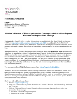 Children's Museum of Pittsburgh Launches Campaign to Help Children Express Kindness and Explore Their Feelings