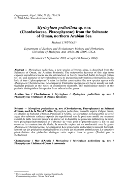 Myriogloea Pedicellata Sp. Nov. (Chordariaceae, Phaeophyceae) from the Sultanate of Oman, Northern Arabian Sea