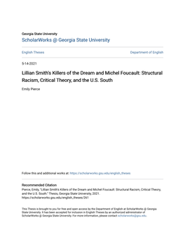 Lillian Smith's Killers of the Dream and Michel Foucault: Structural Racism, Critical Theory, and the U.S