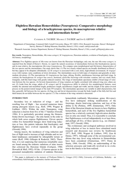 Flightless Hawaiian Hemerobiidae (Neuroptera): Comparative Morphology and Biology of a Brachypterous Species, Its Macropterous Relative and Intermediate Forms*