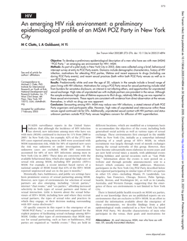 An Emerging HIV Risk Environment: a Preliminary Epidemiological Profile of an MSM POZ Party in New York City M C Clatts, L a Goldsamt, H Yi