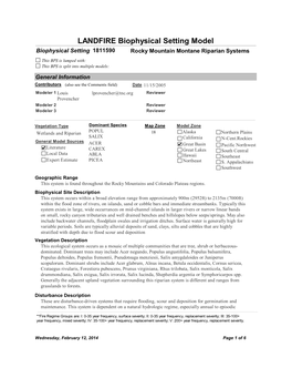 LANDFIRE Biophysical Setting Model Biophysical Setting 1811590 Rocky Mountain Montane Riparian Systems