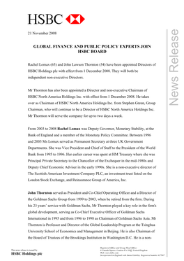 Global Finance and Public Policy Experts Join Hsbc Board