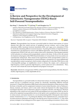 A Review and Perspective for the Development of Triboelectric Nanogenerator (TENG)-Based Self-Powered Neuroprosthetics