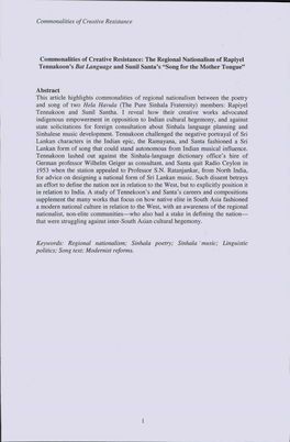 The Regional Nationalism of Rapiyel Tennakoon's Bat Language and Sunil Santa's "Song for the Mother Tongue"