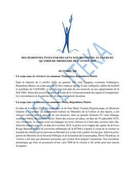 DES PESRONNES TUEES PAR DES GENS NON IDENTIFIES AU COURS DU QUATRIEME TRIMESTRE DE L'annee 2019 OCTOBRE 209 Un Corps Sans