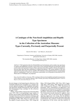 A Catalogue of the Non-Fossil Amphibian and Reptile Type Specimens in the Collection of the Australian Museum: Types Currently, Previously and Purportedly Present