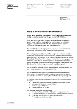 Nevs' Electric Vehicle Shown Today