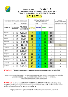 Gmina Ryjewo Sektor a HARMONOGRAM WYWOZU ODPADÓW 2014 P.P.H.U