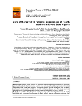 Care of the Covid-19 Patients: Experiences of Health Workers in Rivers State Nigeria