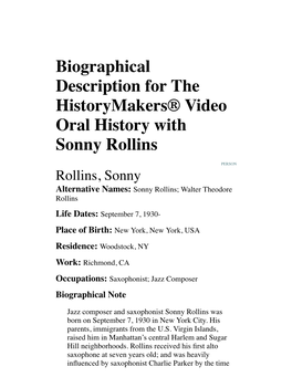 Biographical Description for the Historymakers® Video Oral History with Sonny Rollins