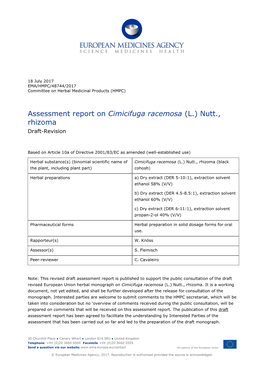 Assessment Report on Cimicifuga Racemosa (L.) Nutt., Rhizoma Draft-Revision