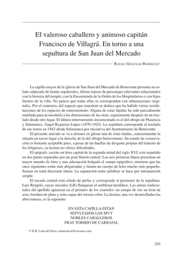 El Valeroso Caballero Y Animoso Capitán Francisco De Villagrá. En Torno a Una Sepultura De San Juan Del Mercado