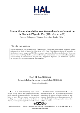 Production Et Circulation Monétaire Dans Le Sud-Ouest De La Gaule À L’Âge Du Fer (Iiie -Ier S