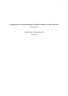 Communication Control and Its Impact on Political Legitimacy in Four Asian Cities Chua Puay Hoe