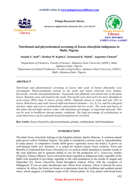 Nutritional and Phytochemical Screening of Senna Obtusifolia Indigenous to Mubi, Nigeria