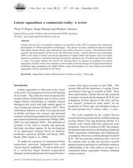 Lobster Aquaculture a Commercial Reality: a Review