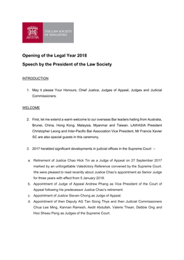 Opening of the Legal Year 2018 Speech by the President of the Law